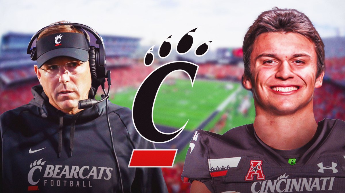 University of Cincinnati Bearcats logo in center, Cincinnati Bearcats football head coach Scott Satterfield on left side, Cincinnati Bears quarterback Brendan Sorsby on right side