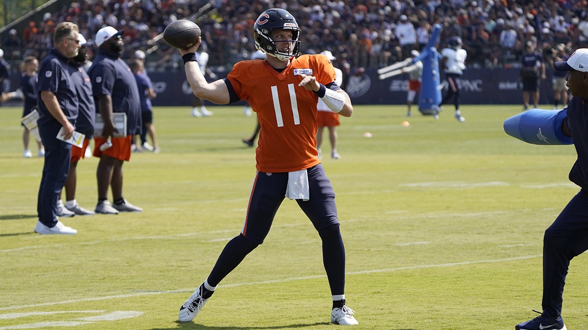 Chicago Bears quarterback Brett Rypien (11) throws a pass during Chicago Bears Training Camp at Halas Hall. 