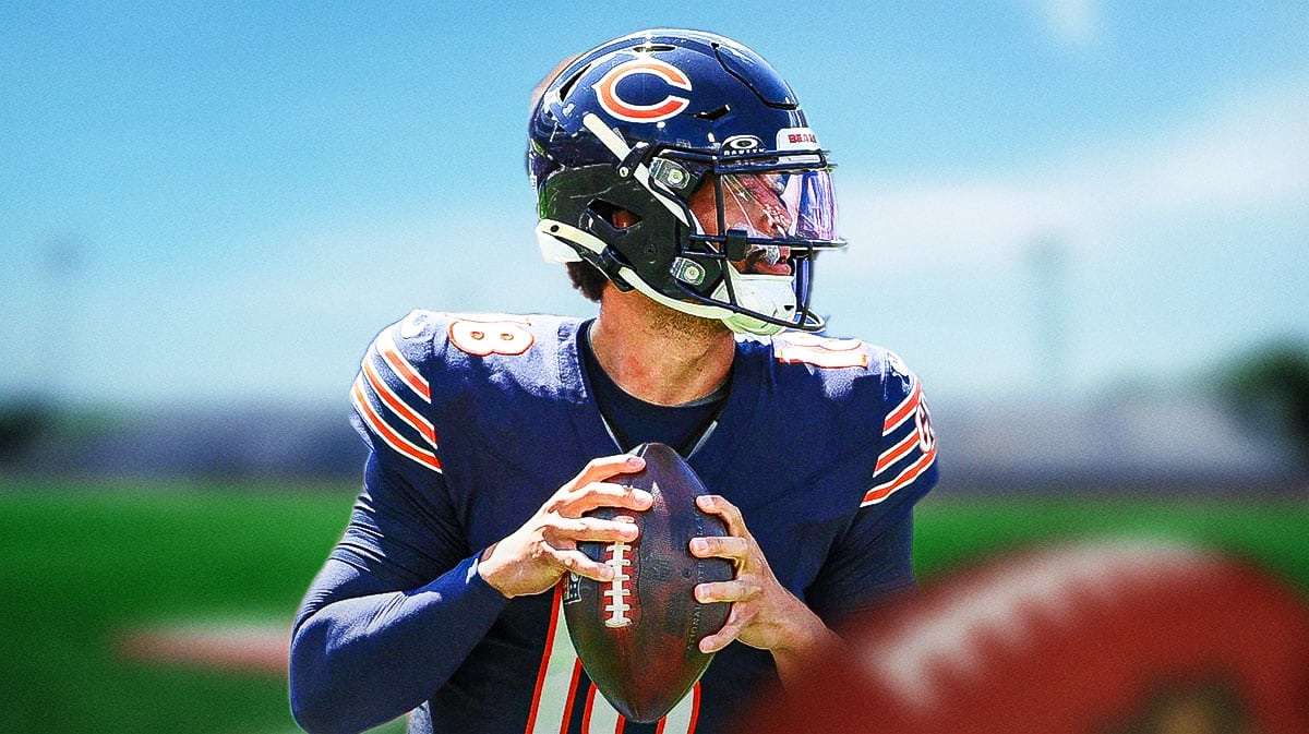 Chicago Bears star Caleb Williams in front of Soldier Field.