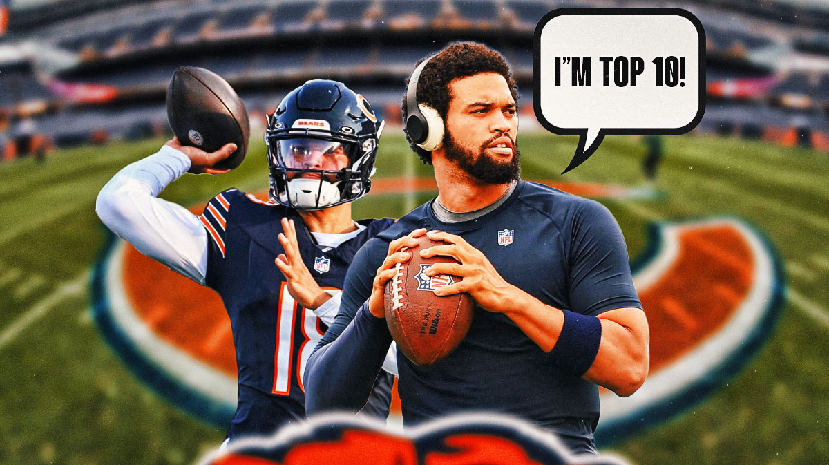 Chicago Bears rookie QB Caleb Williams with a speech bubble that says “I”m top 10!” He is surrounded by green up arrow emojis. There is also a logo for the Chicago Bears.