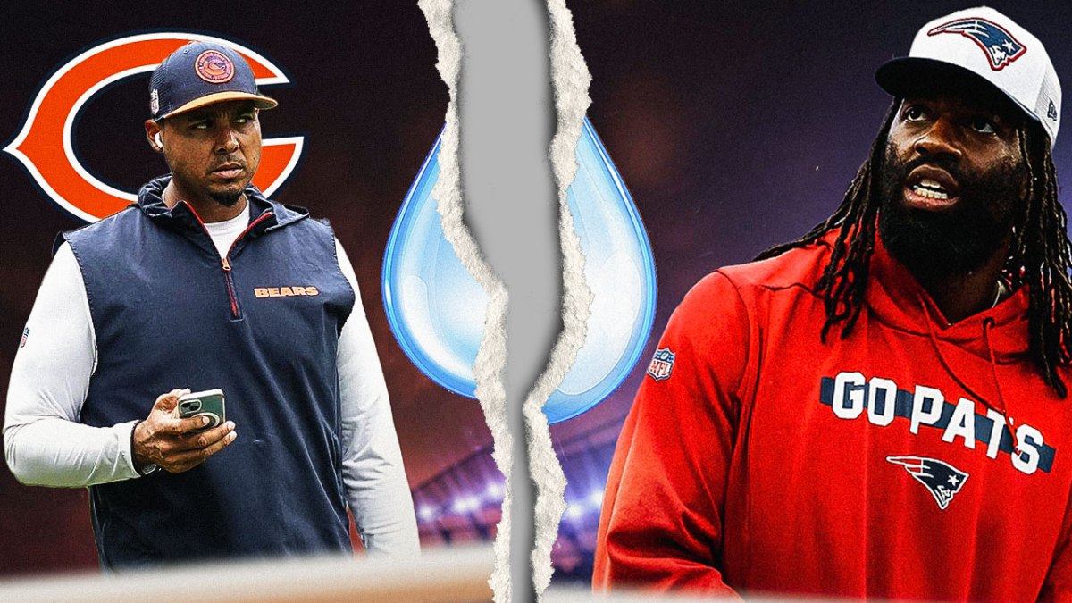 Chicago Bears GM Ryan Poles with Bears logo behind him looking at Matthew Judon, with a giant crack separating them like a torn page