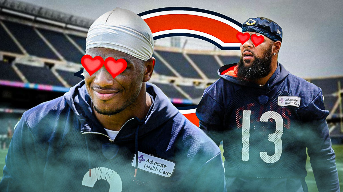 Chicago Bears wide receivers Keenan Allen and DJ Moore with hearts over their eyes. There is also a logo for the Chicago Bears.