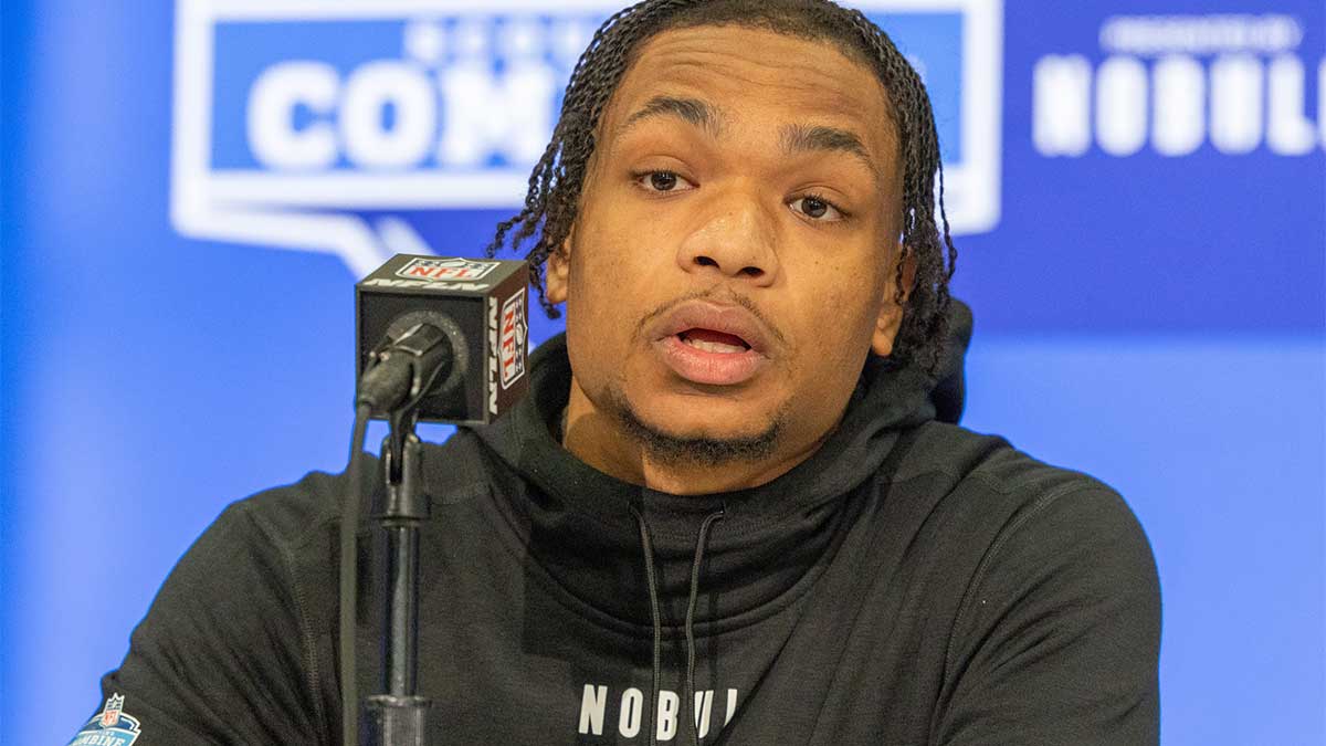 Maryland defensive back Beau Brade (DB45) talks to the media during the 2024 NFL Combine at Lucas Oil Stadium.