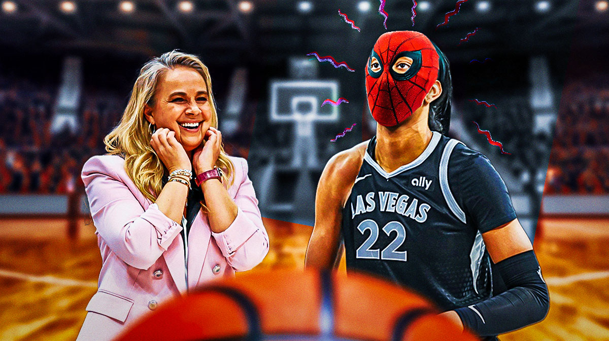 Feature photo: Becky Hammon smiling A’ja Wilson about to make a bucket intense look can we maybe get some Spiderman stuff in there lol she mentions how she was like Spiderman in this game!!