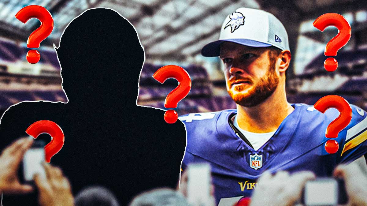 Silhouetted Vikings player standing next to Sam Darnold surrounded by question marks featuring Vikings-themed BG.