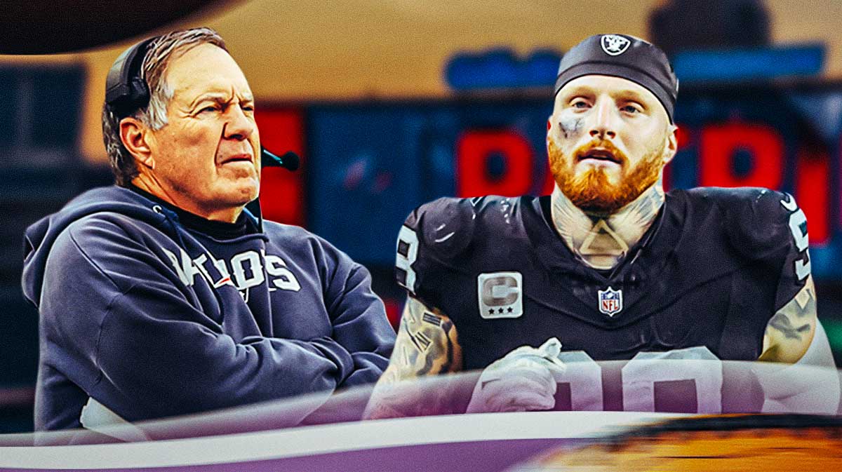 Ex-Patriots' Bill Belichick next to Raiders' Maxx Crosby with podcast image in background