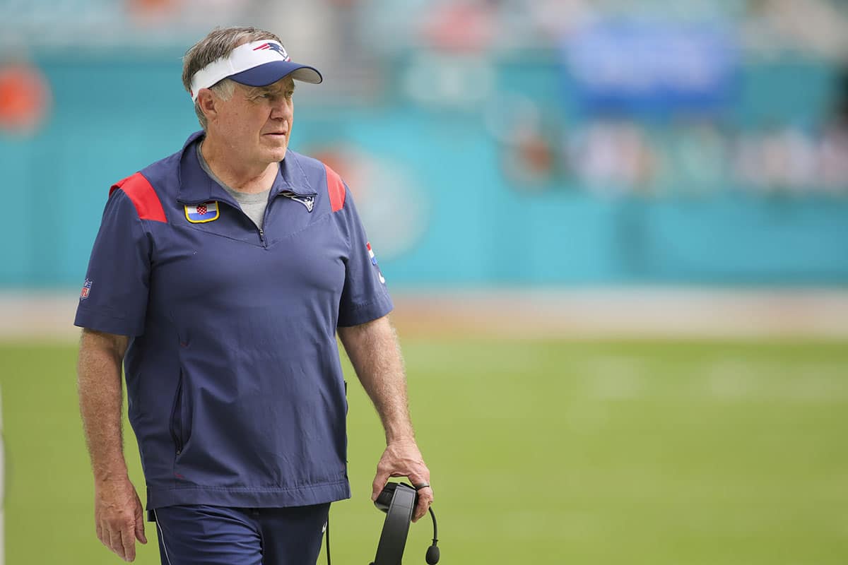 New England Patriots head coach Bill Belichick watches from the sideline against the Miami Dolphins during the fourth quarter at Hard Rock Stadium. 