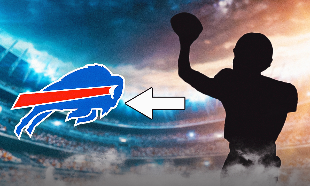 Silhouette of Mike White with arrow pointing toward Bills logo