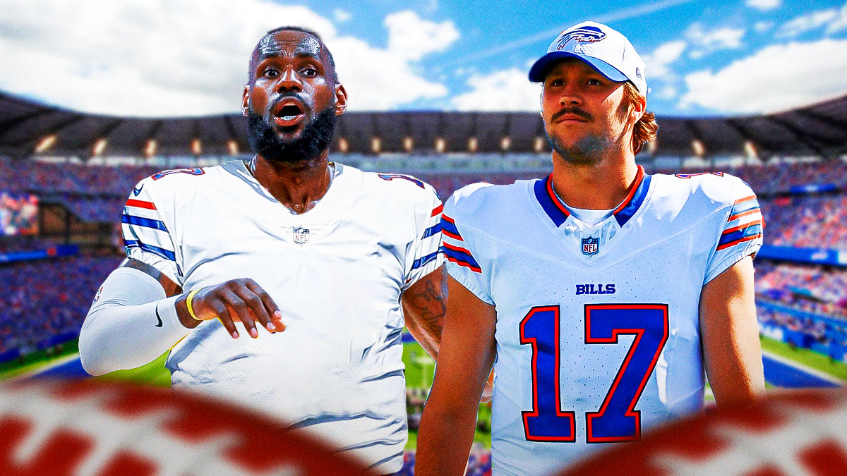 LeBron James with a Buffalo Bills jersey copied and pasted onto him yelling in protest next to a photo of Bills quarterback Josh Allen