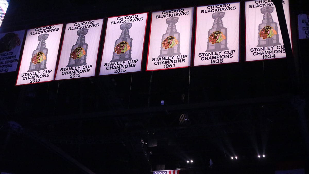 A general shot of Stanley Cup banners during the national anthem prior to the first period between the Chicago Blackhawks and the Dallas Stars at the United Center. 