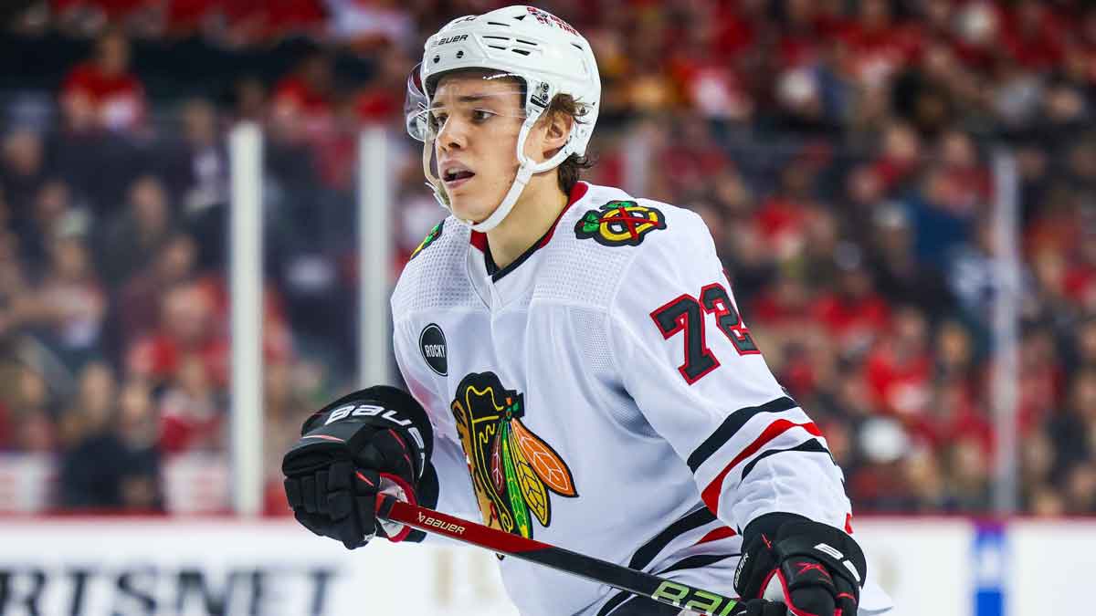 Chicago Blackhawks defenseman Alex Vlasic (72) skates against the Calgary Flames during the third period at Scotiabank Saddledome.