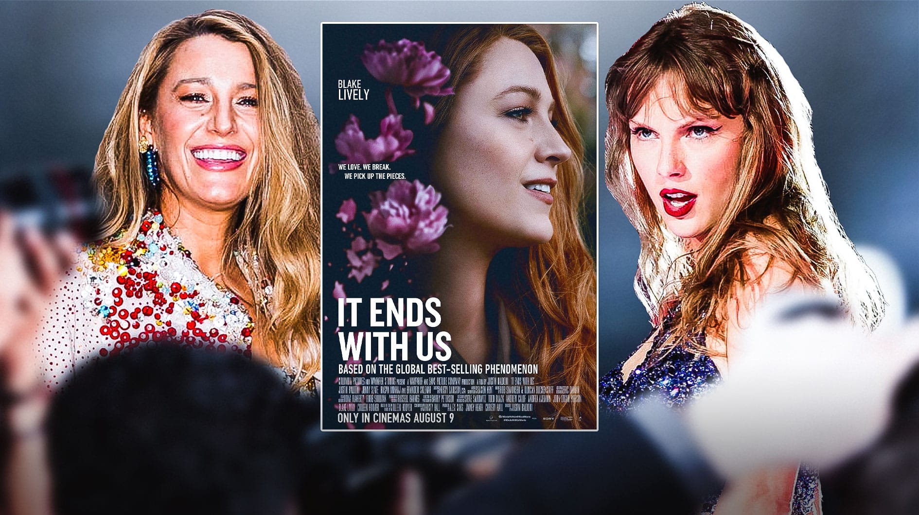 Blake Lively and Taylor Swift on the Eras Tour with It Ends With Us movie poster.