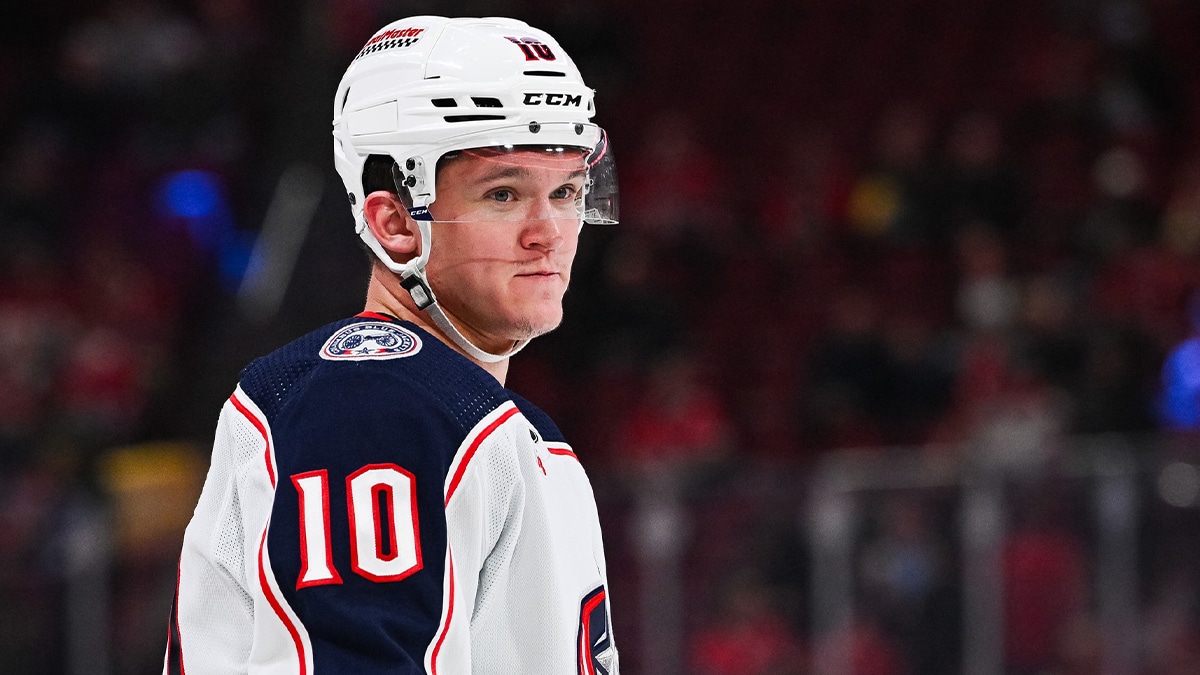  Columbus Blue Jackets left wing Dmitri Voronkov (10) looks on during warm-up before the game against the Montreal Canadiens at Bell Centre.