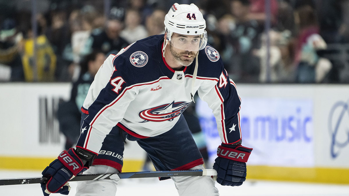 Erik Gudbranson (44), defender of the Columbus Blue Jackets, is pictured before a game against the Seattle Kraken at the Climate Pledge Arena.