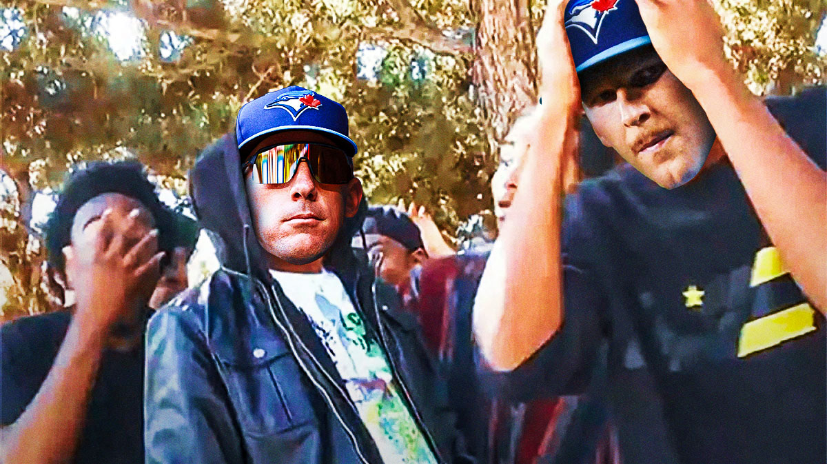 Chris Bassitt (Blue Jays ) as the guy in the hoodie and Bowden Francis (Blue Jays) as the guy on the right side with hands on head