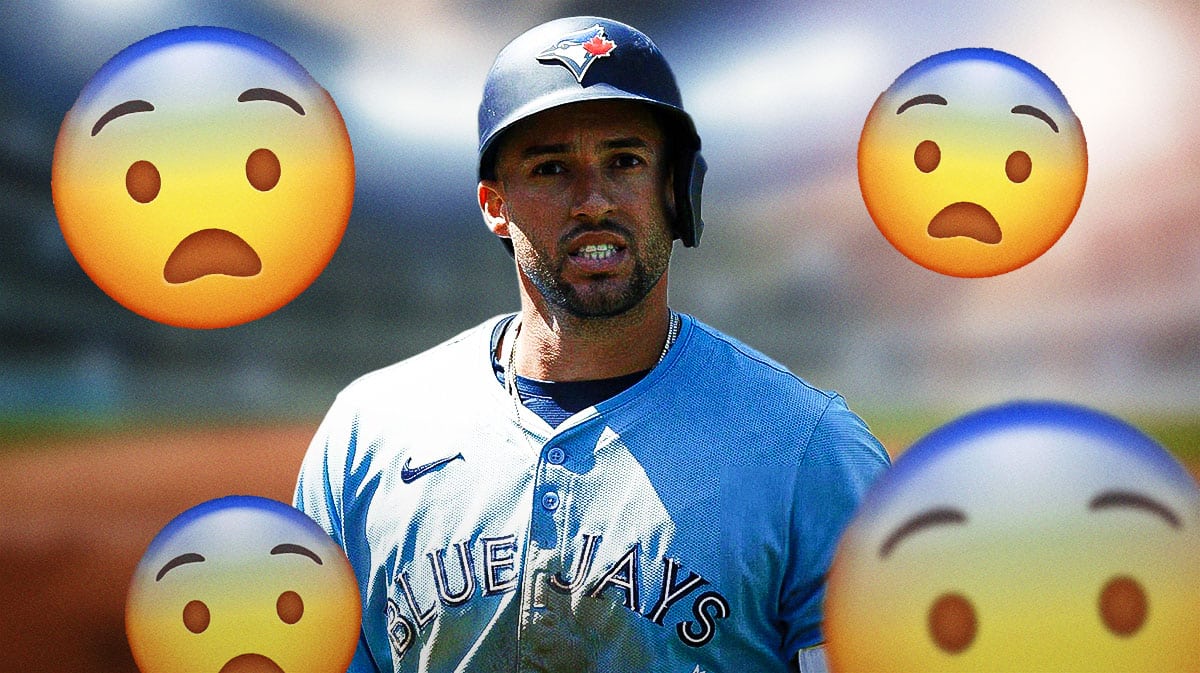 Blue Jays' George Springer looking surprised, with face screaming in fear emojis all over him