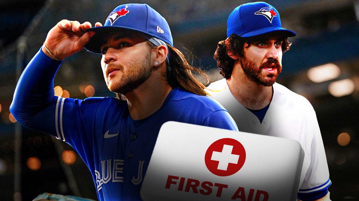 Bo Bichette in a Toronto Blue Jays uniform and Jordan Romano in a Toronto Blue Jays uniform with a red and white first aid image as Bichette and Romano are on the injured list for the Blue Jays.