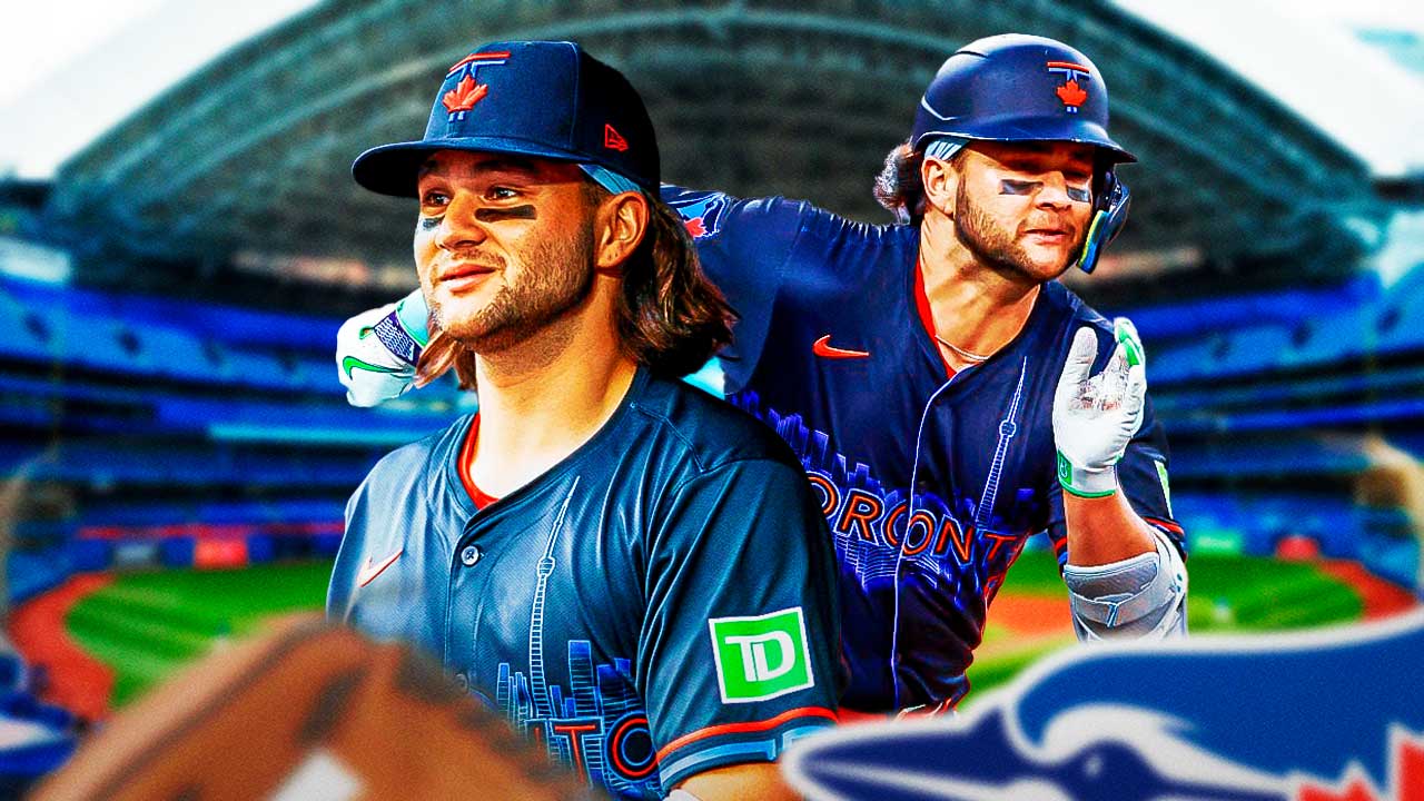 Blue Jays shortstop Bo Bichette running, Rogers Centre behind him