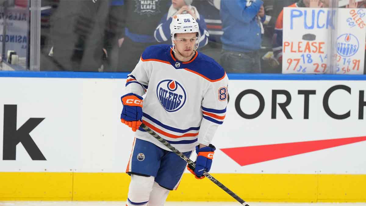 Edmonton Oilers defenseman Philip Broberg (86) skates during the warmup against the Toronto Maple Leafs at Scotiabank Arena.