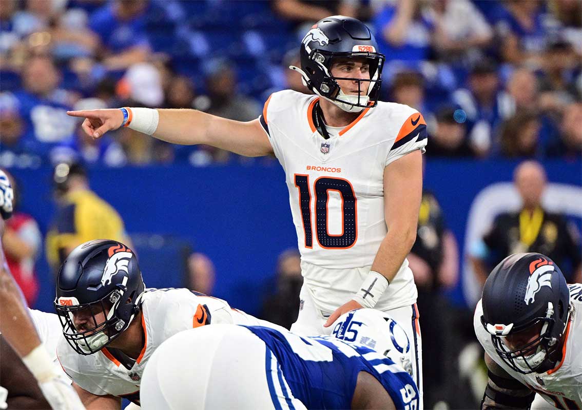 Denver Broncos quarterback Bo Nix (10) points during the second quarter against the Indianapolis Colts at Lucas Oil Stadium. 