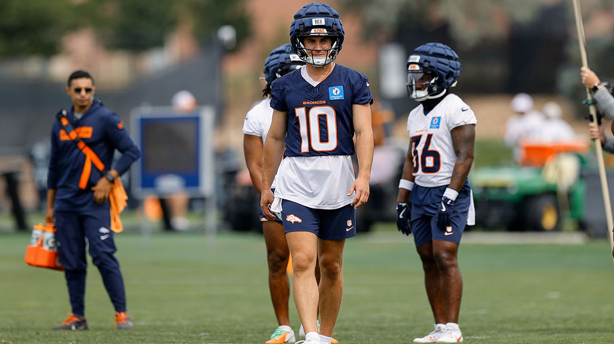 Denver Broncos quarterback Bo Nix (10) during training camp at Broncos Park Powered by CommonSpirit. 