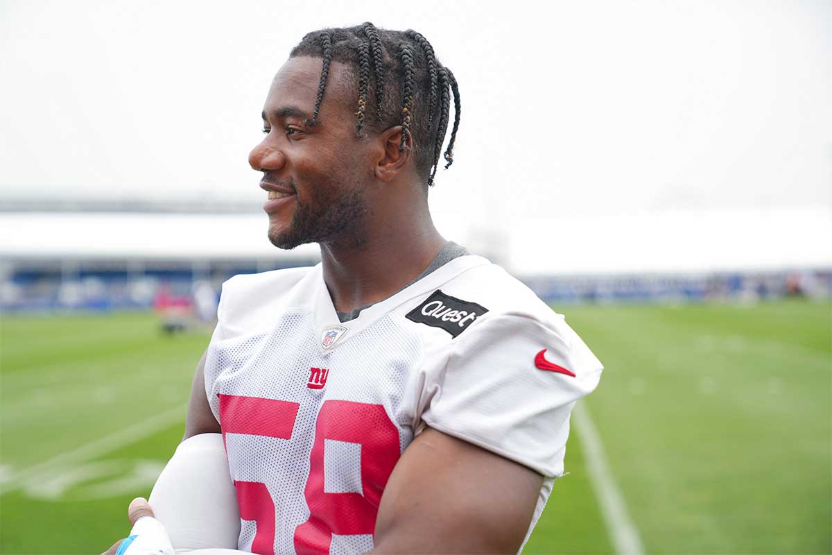 New York Giants inside linebacker Bobby Okereke (58) gives an interview after training camp at Quest Diagnostics Training Center