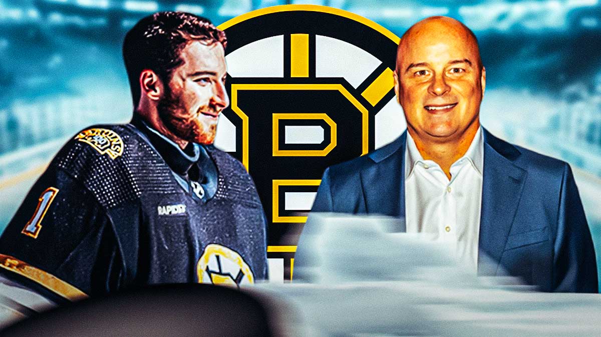 Jeremy Swayman and Jim Montgomery on either side of image looking hopeful, Boston Bruins logo in middle, hockey rink in background