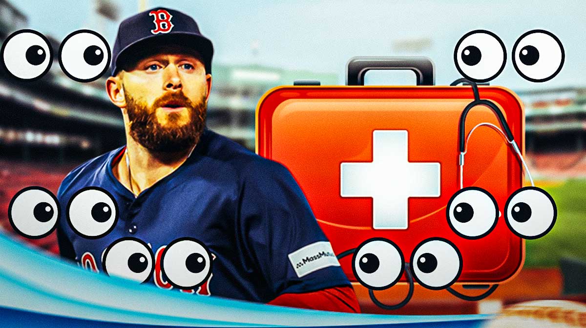 Trevor Story with an injury kit in front of him and a bunch of the big eyes emojis in the background