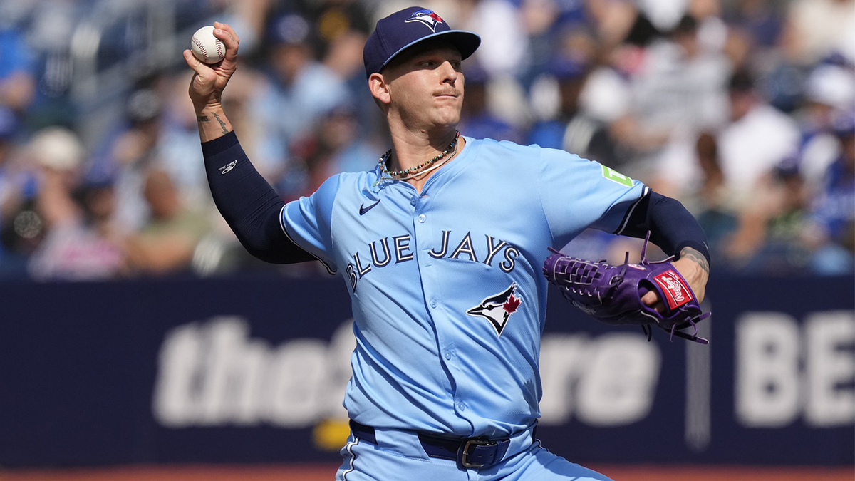 Aug 24, 2024; Toronto, Ontario, CAN; Toronto Blue Jays starting pitcher Bowden Francis (44) pitches to the Los Angeles Angels during the first inning at Rogers Centre.