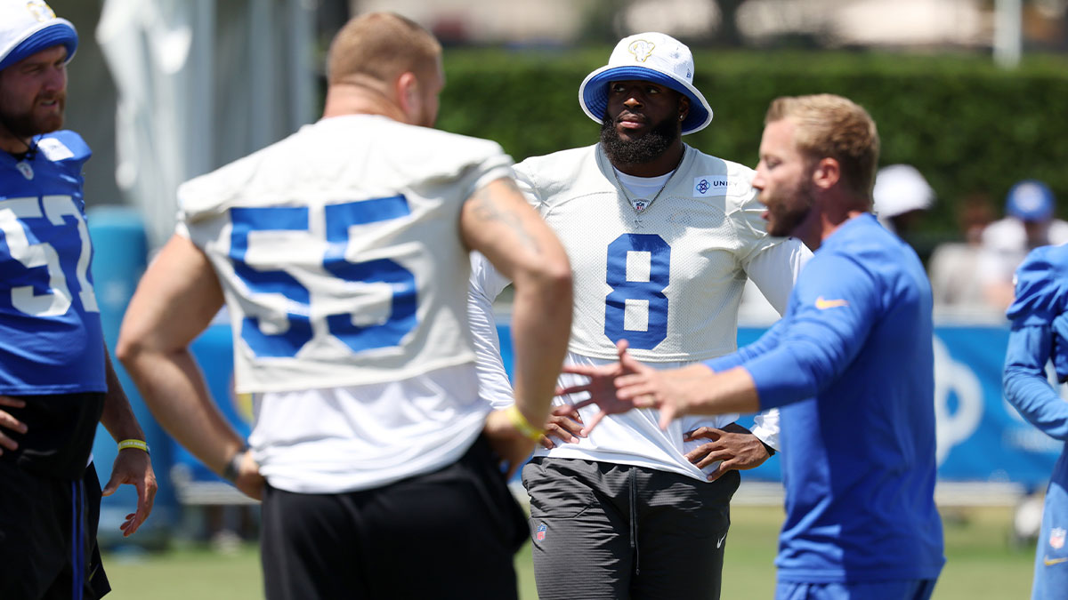Los Angeles Rams defensive end Jared Verse (8) and defensive tackle Braden Fiske (55) listen to head coach Sean McVay during training camp at Loyola Marymount University.