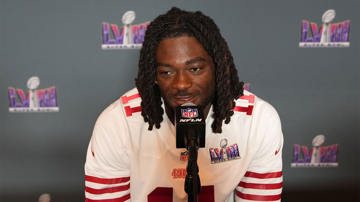 San Francisco 49ers wide receiver Brandon Aiyuk (11) during a press conference before Super Bowl LVIII at Hilton Lake Las Vegas Resort and Spa.