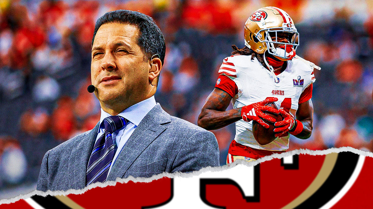Adam Schefter in a suit and Brandon Aiyuk in a 49ers jersey.
