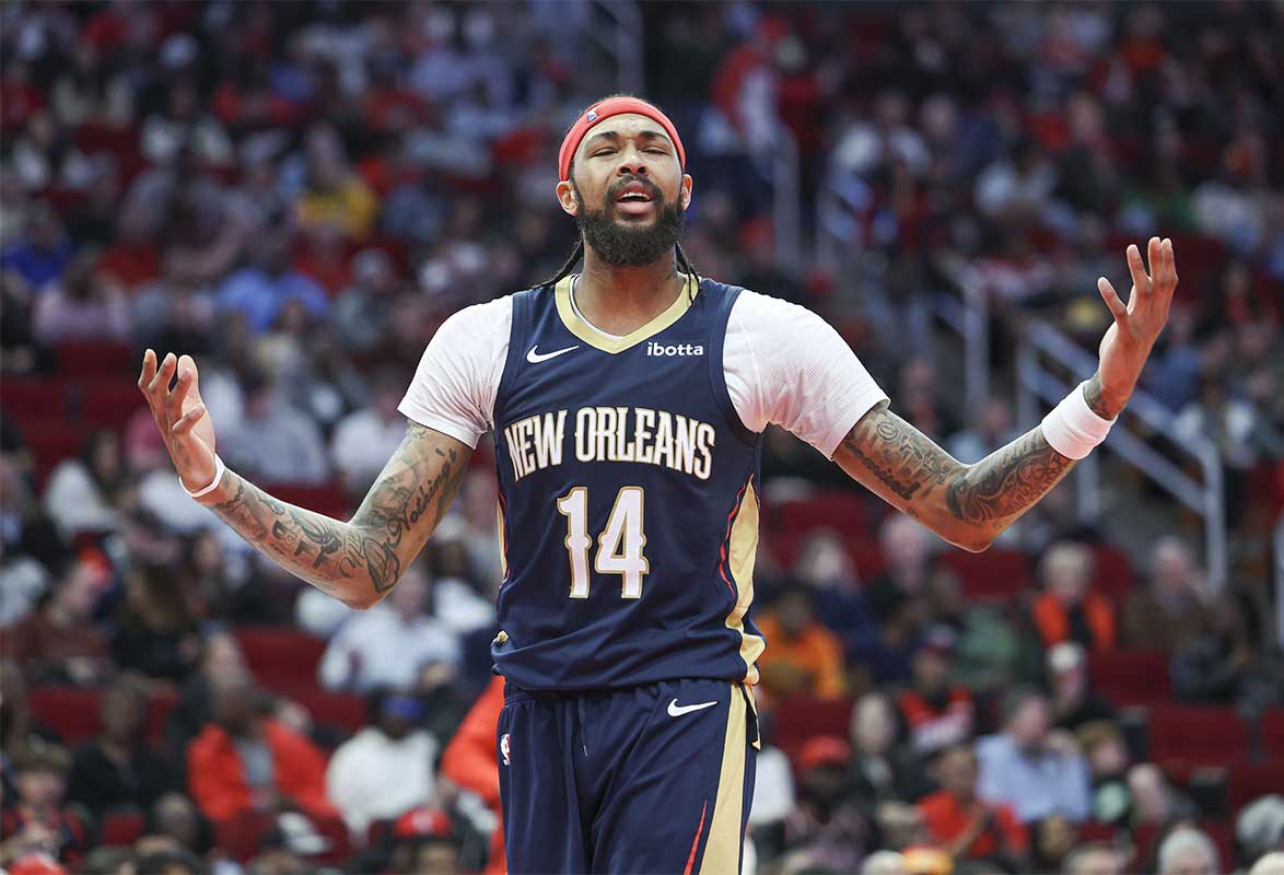 New Orleans Pelicans forward Brandon Ingram (14) reacts after a play during the third quarter against the Houston Rockets at Toyota Center.