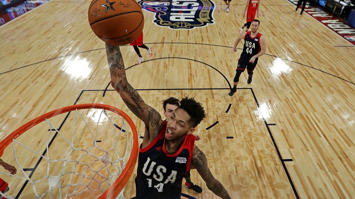 U.S. Team forward Brandon Ingram of the Los Angeles Lakers (14) dunks the ball during the Rising Stars Challenge at Smoothie King Center.