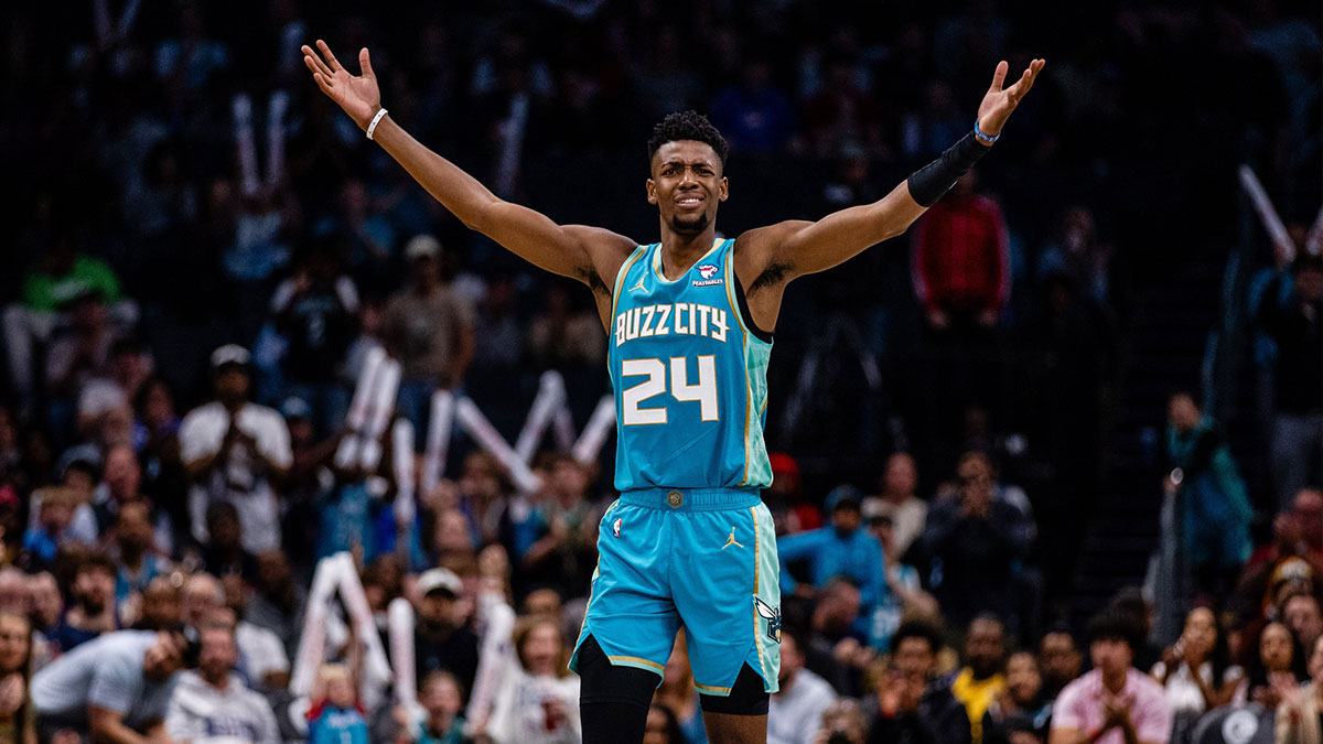 Charlotte Hornets forward Brandon Miller (24) reacts to a call during the fourth quarter against the Oklahoma City Thunder at Spectrum Center. 