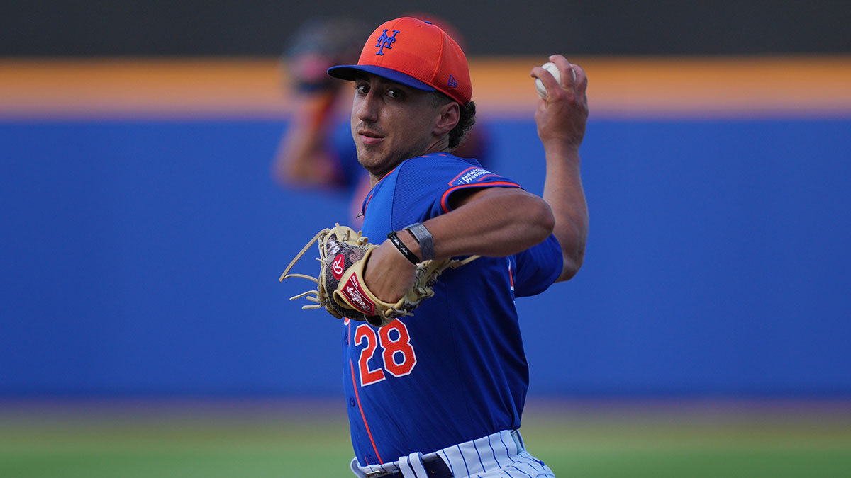 Mar 15, 2024; Port St. Lucie, Florida, USA; New York Mets pitcher Brandon Sproat (28) warms-up in the sixth inning against the Washington Nationals in the Spring Breakout game at Clover Park. 