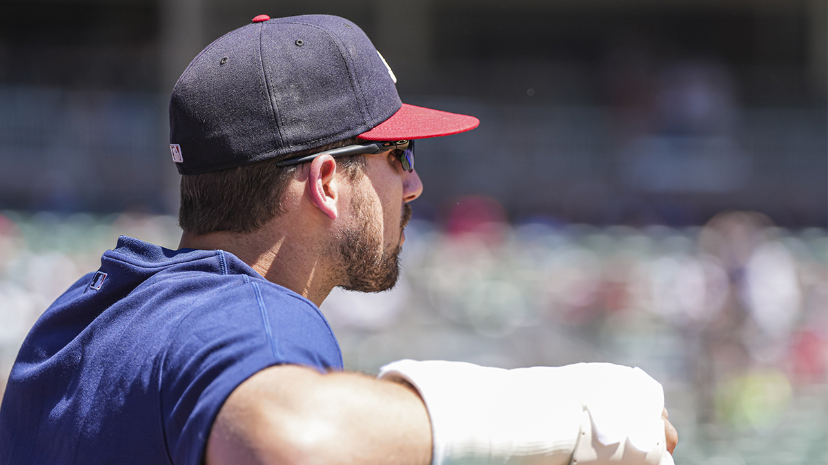 Atlanta Braves injured third baseman Austin Riley (27) shown in the dugout during the game against the Washington Nationals at Truist Park.