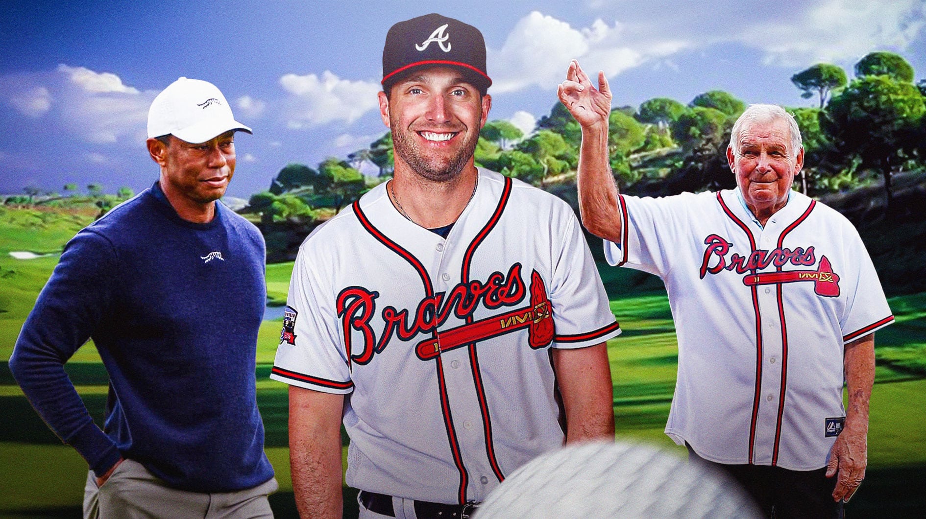 Jeff Francoeur (Braves) in uniform from his playing days on the golf course with Tiger Woods. Bobby Cox (former Braves manager) smiling in background.