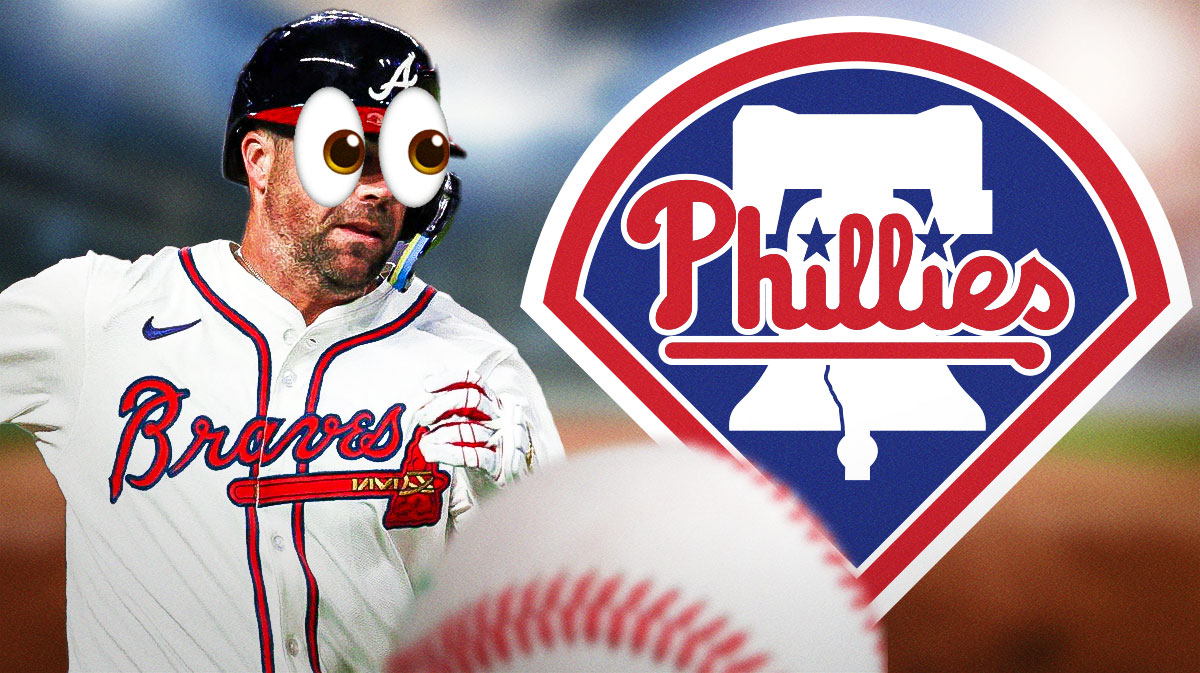 Braves Whit Merrifield (Braves jersey) with eyes popping out looking at the Philadelphia Phillies 2024 logo.