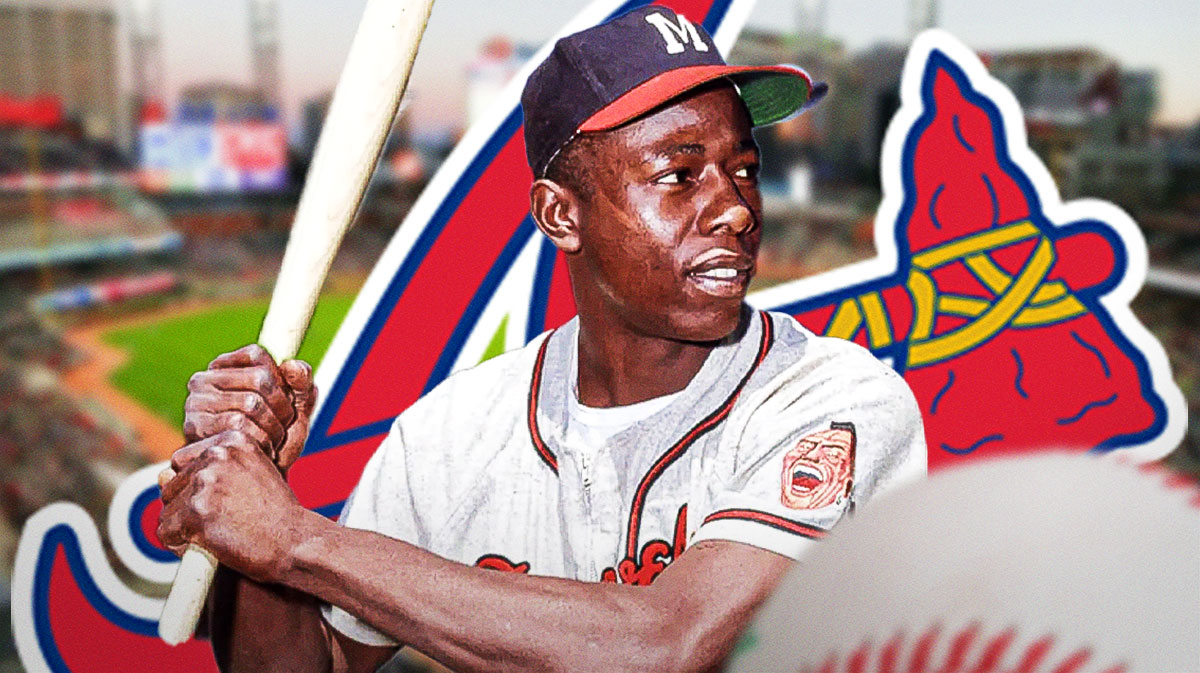 Atlanta Braves logo next to a picture of Hank Aaron playing baseball in a defendant's chair of a court room next to a judge's gravel with Heritage Auctions and the Atlanta Braves' baseball diamond in the background