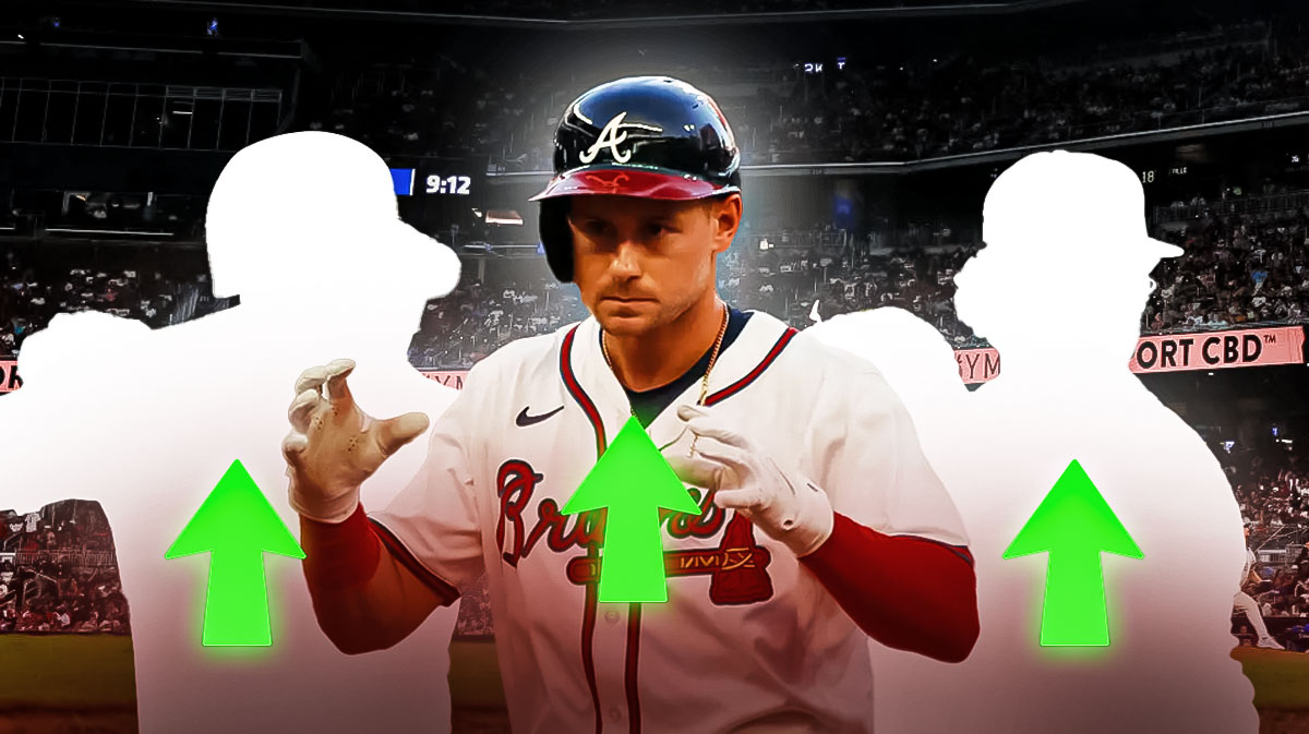 Braves Jarred Kelenic and the silhouettes of Jorge Soler and Spencer Schwellenbach with up arrows.