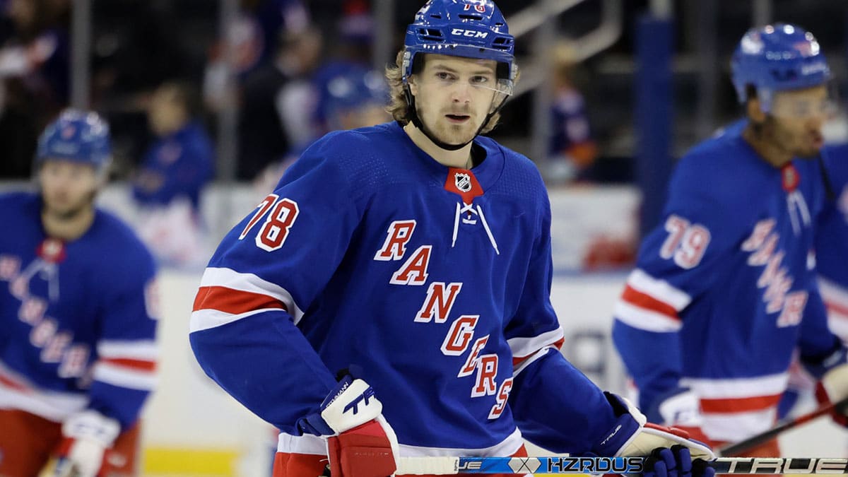 New York Rangers left wing Brennan Othmann (78) looks out during warmups before a game against the New York Islanders at Madison Square Garden. 