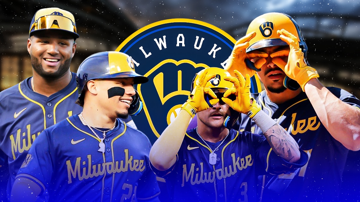 Milwaukee Brewers logo in center, Milwaukee Brewers OF Jackson Chouio on top left side, Milwaukee Brewers C/DH William Contreras on bottom left side, Milwaukee Brewers SS Willy Adames on top right side, Milwaukee Brewers SS/3B Joey Ortiz on bottom right side, Truist Park (home field of the Atlanta Braves) in background