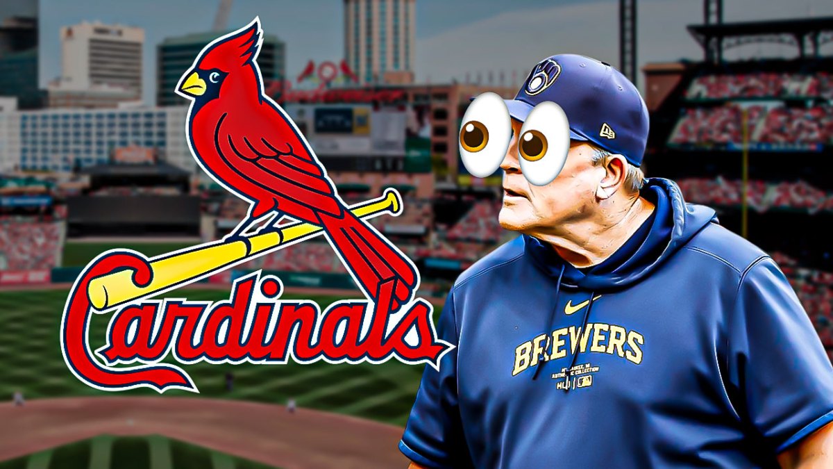 Pat Murphy in a Milwaukee Brewers uniform with wide cartoon eyes and Busch Stadium or a Cardinals logo behind him as Murphy was impressed with the Cardinals performance in a win as the Cardinals playoffs and Brewers playoffs odds become clear.