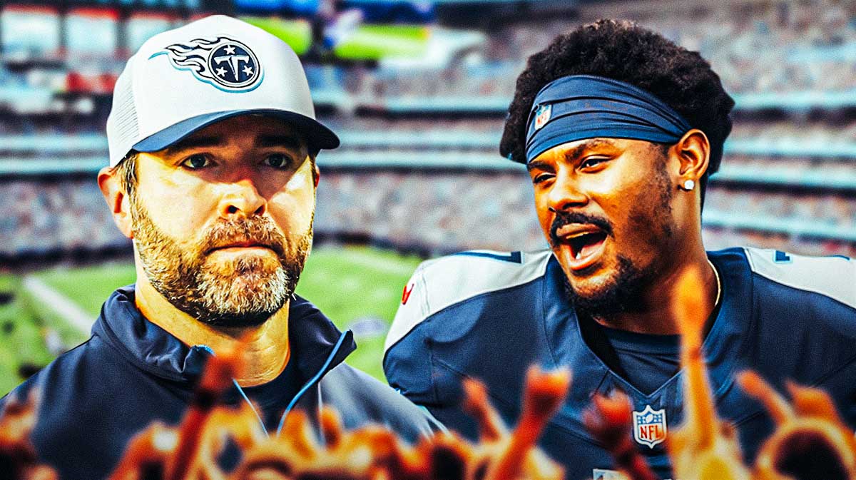 Brian Callahan in Titans coaching gear and Malik Willis in a Titans jersey.