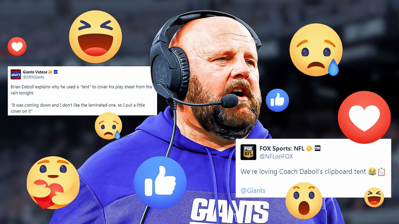 Brian Daboll calling the game with symbols of Facebook reacts and retweets in the background