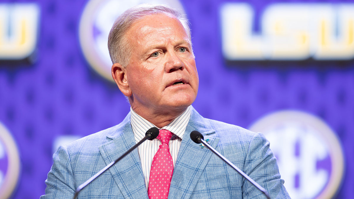 LSU head coach Brian Kelly speaks at the Omni Dallas Hotel. 