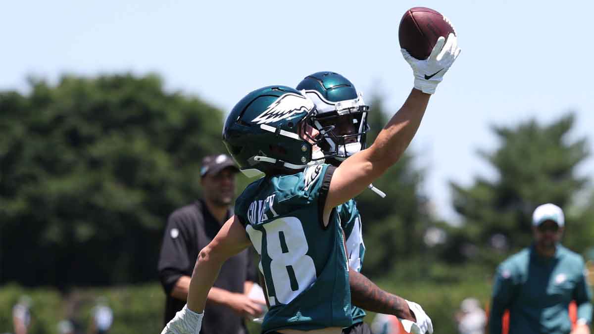 Philadelphia Eagles wide receiver Britain Covey (18) makes a catch during practice at NovaCare Complex. 