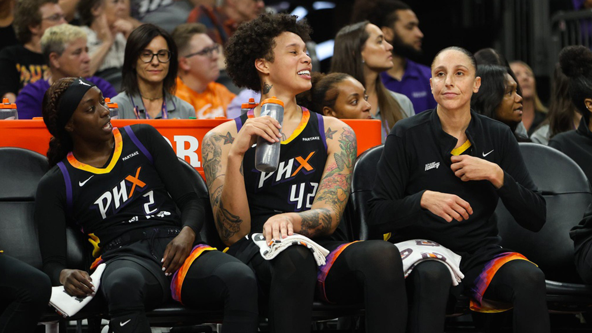 Phoenix Mercury guard Kahleah Copper (2), Phoenix Mercury center Brittney Griner (42) and Phoenix Mercury guard Diana Taurasi (3) sit son the bench during the final minutes of the Mercury win over the Chicago Sky on Aug. 18, 2024 at Footprint Center in Phoenix.