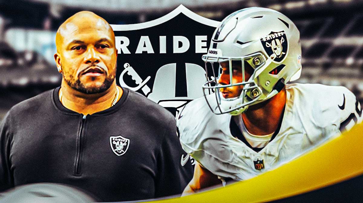 Las Vegas Raiders head coach Antonio Pierce with tight end Brock Bowers. There is also a logo for the Las Vegas Raiders.
